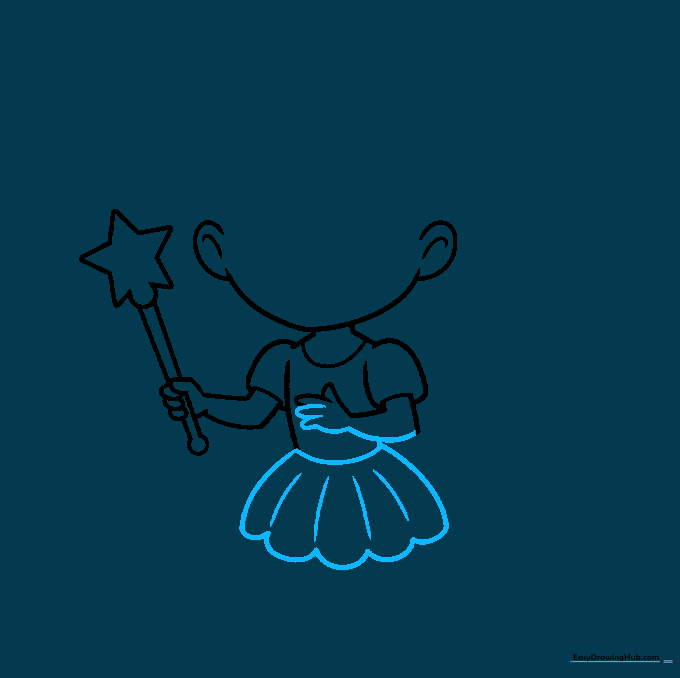 Adding fingers to the fairy's hand and drawing a scalloped hem for the dress.