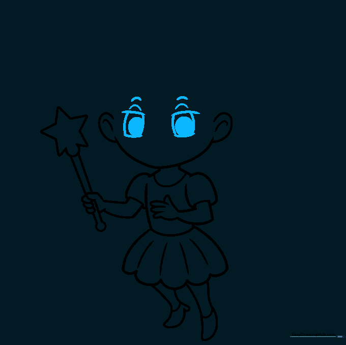 Drawing the fairy's eyes with pupils and simple eyebrows for expression.