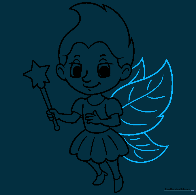 Drawing large, textured fairy wings extending from the back.