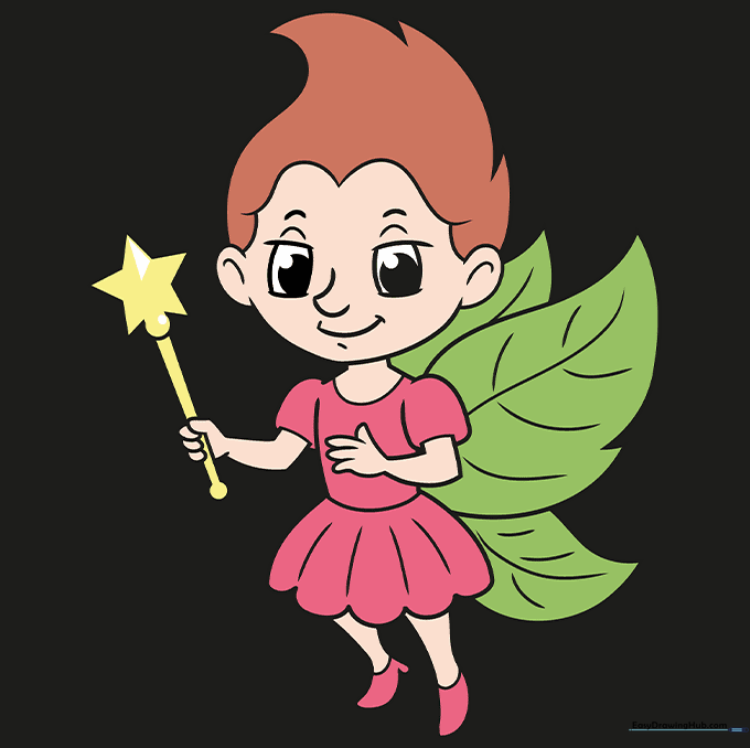 The final colored cartoon fairy drawing with green wings and a pink dress.