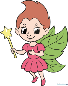 A colorful, finished cartoon fairy illustration for children's drawing practice.