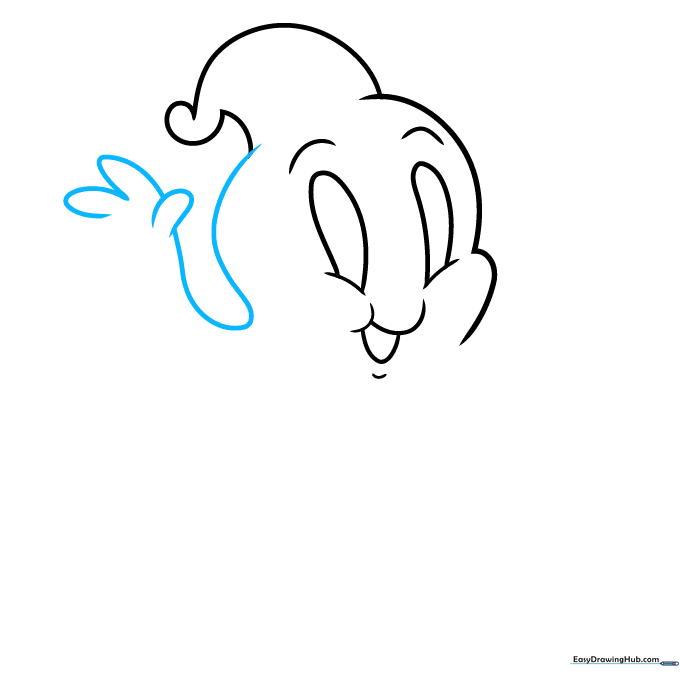 Drawing the ghost's left arm and hand with three fingers.