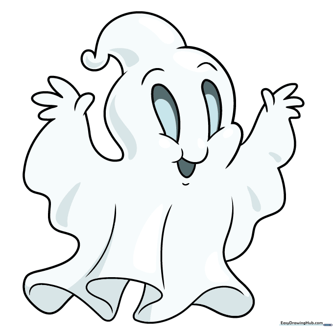 The completed cartoon ghost drawing with blue eyes and gray shading.