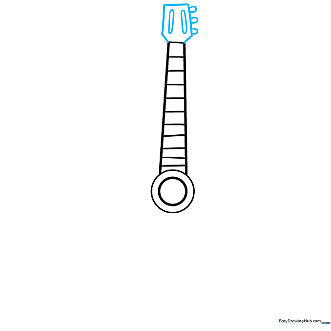 Drawing the guitar headstock with tuning pegs.