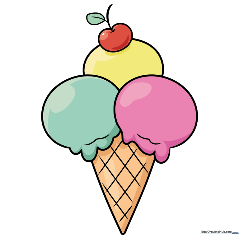 A vibrant, finished cartoon ice cream cone drawing with three scoops and a cherry.