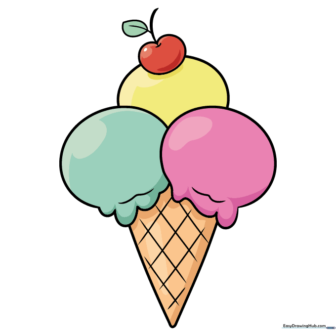 Final colored drawing of a three-scoop ice cream cone with a cherry on top.