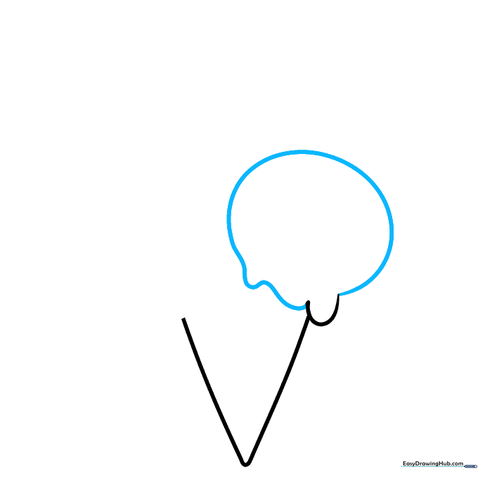 Drawing the first scoop of ice cream with a wavy bottom edge sitting on the cone.