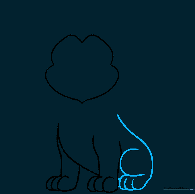 Sketching the lion's back, hips, and crouching hind leg.
