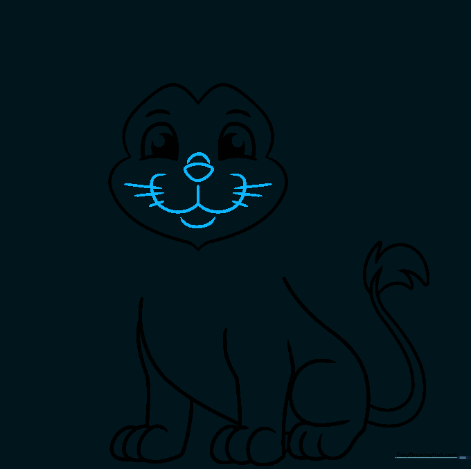 Adding the nose, mouth, and whiskers to complete the lion's face.