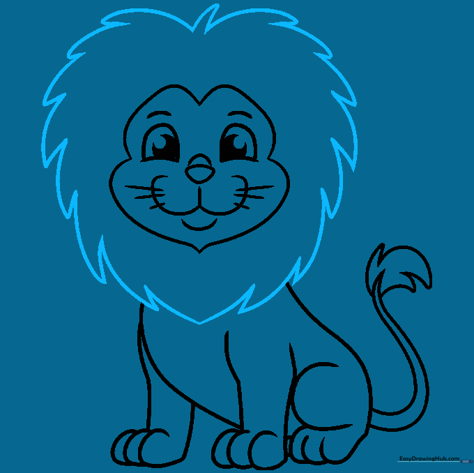 Sketching the lion's large, bushy mane around the face.