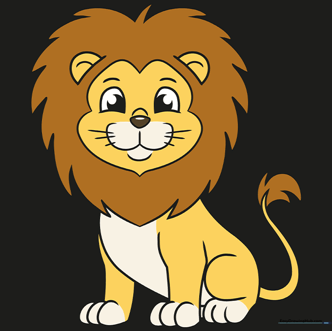 A fully colored cartoon lion with a sandy yellow body and brown mane.