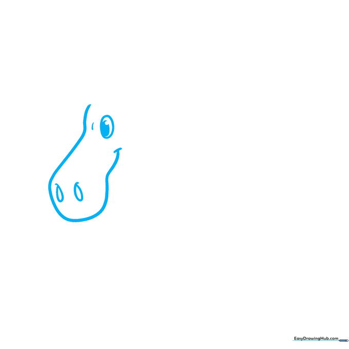 Close-up of a cartoon moose face sketch showing the snout, nostrils, and eye details.