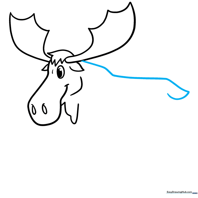 Drawing the curved back and small tail of the cartoon moose.