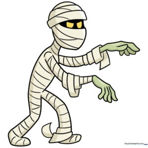 A friendly, finished cartoon mummy character standing in a simple pose.