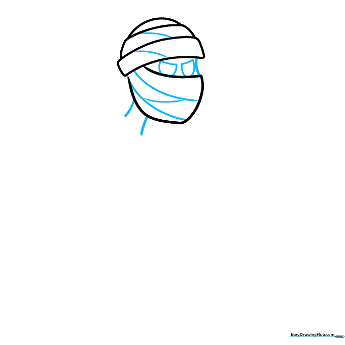 Drawing of a mummy face with expressive eyes and neck lines added.