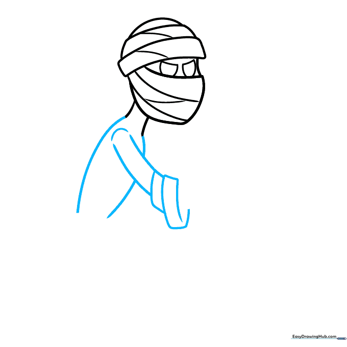 Sketch of a mummy's torso and one arm with dangling bandage strips.
