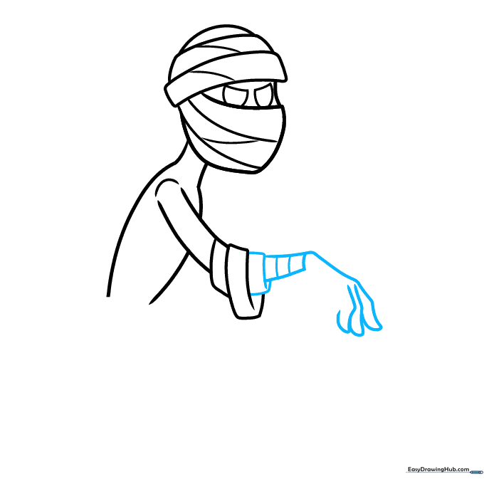 Detailed view of a cartoon mummy hand being drawn with bandage textures.