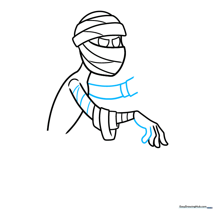 Drawing showing both arms of the mummy with bandage details.