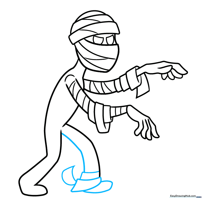 Drawing showing the addition of bandage details to the mummy's feet.