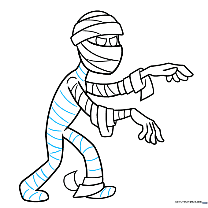 Full body drawing of the mummy with added texture lines for bandages.