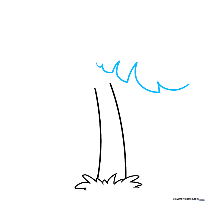 Initial sketch of two large, looping palm fronds at the top of the trunk.