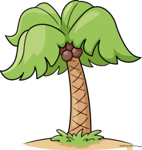 A vibrant, finished cartoon palm tree drawing on a sunny beach background.