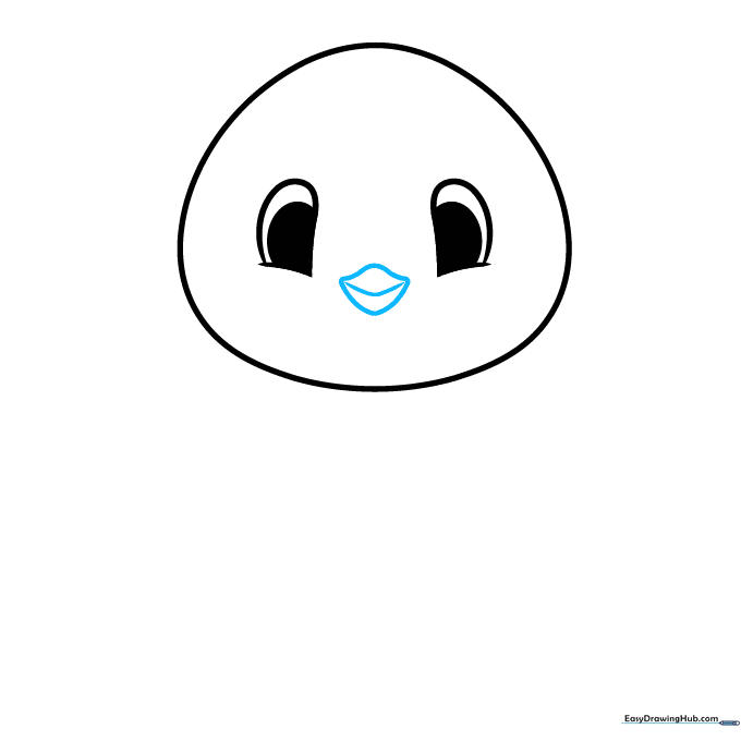 Penguin face with a small pointed beak and a smiling mouth line.