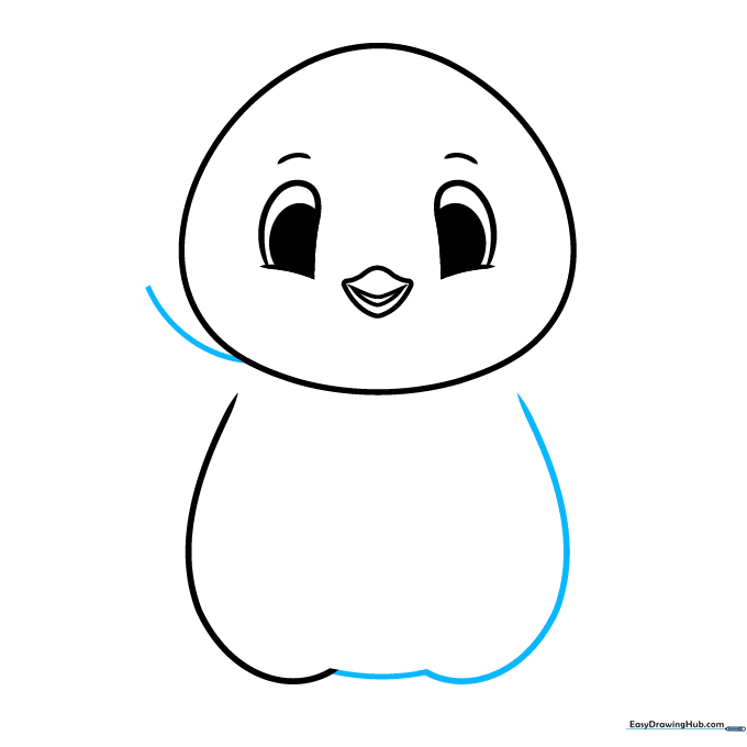 Penguin body outline with one arm extended in a wave.