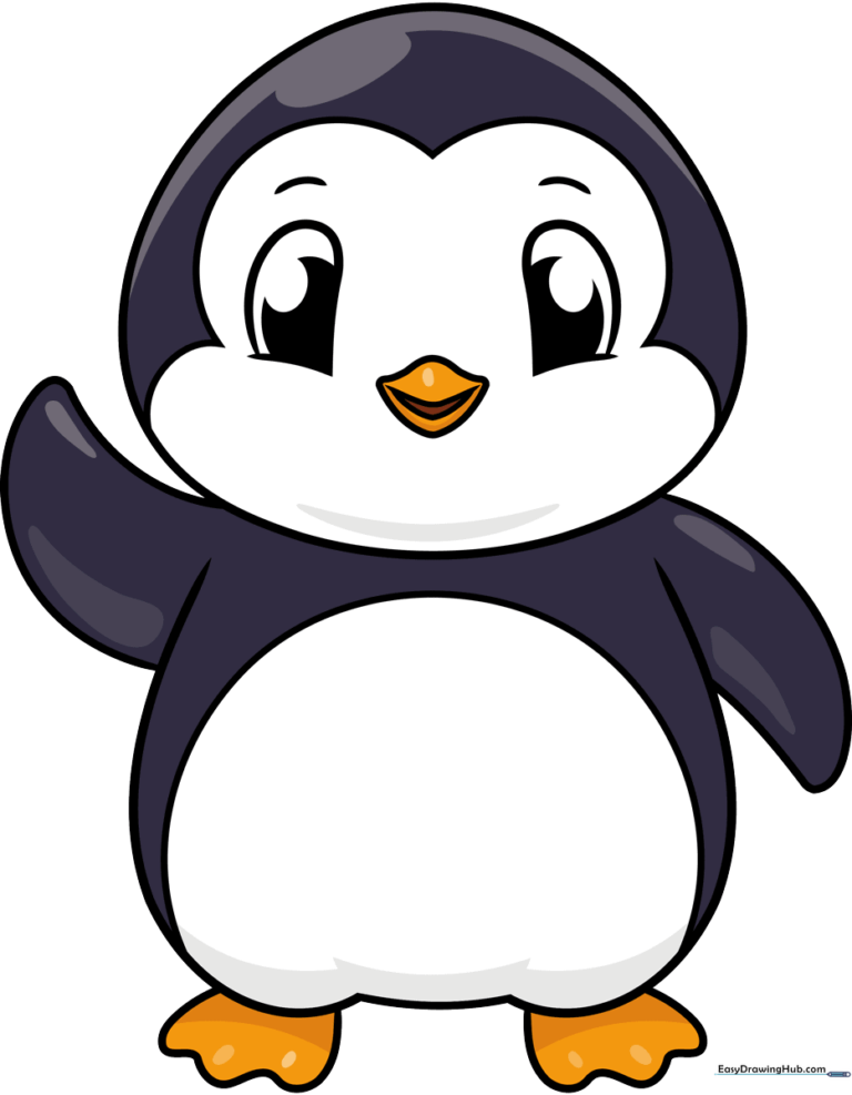 A cute, finished cartoon penguin standing on ice, ready for coloring.