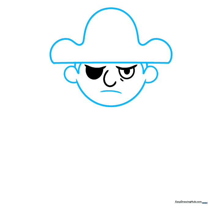 Drawing the brim and wavy top of a pirate's hat over the face.