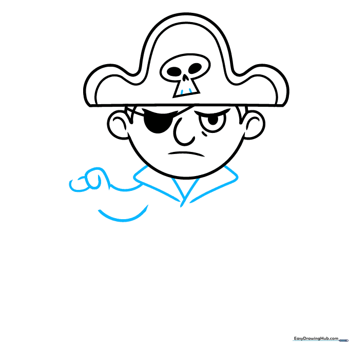 Outlining the pirate's shirt collar and the beginning of the arm.