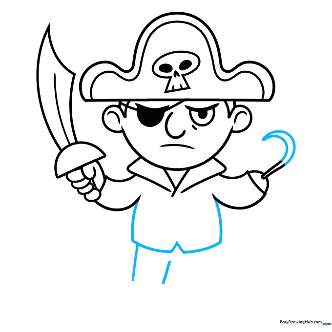 Drawing the torso and pant legs of the cartoon pirate.