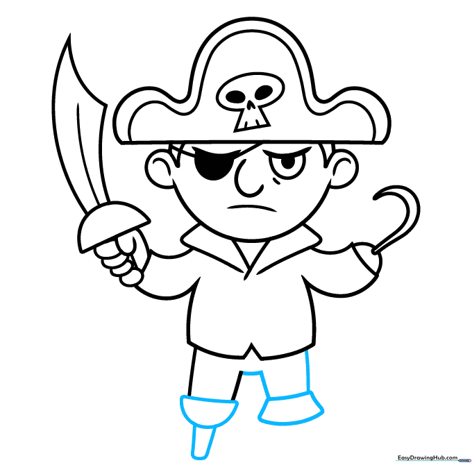 Adding a wooden peg leg and a boot to the pirate's legs.