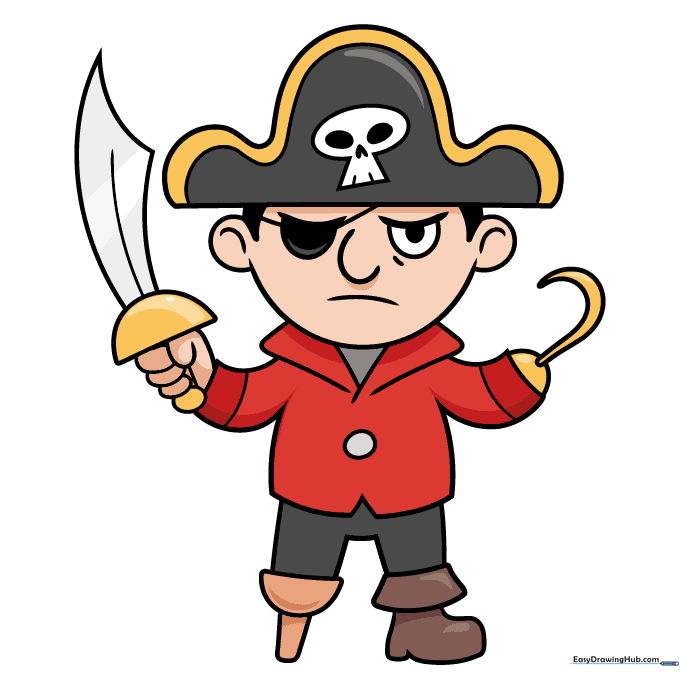 A fully colored, friendly cartoon pirate drawing.