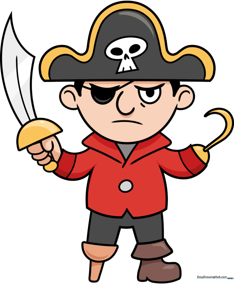 A colorful, friendly cartoon pirate character standing with a sword and hook.