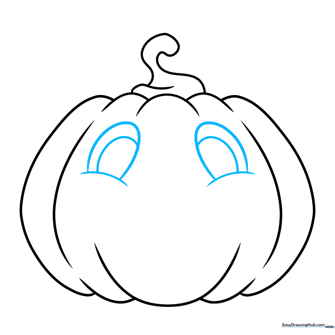 Drawing two expressive eyes with highlights for a friendly Jack-o'-lantern face.