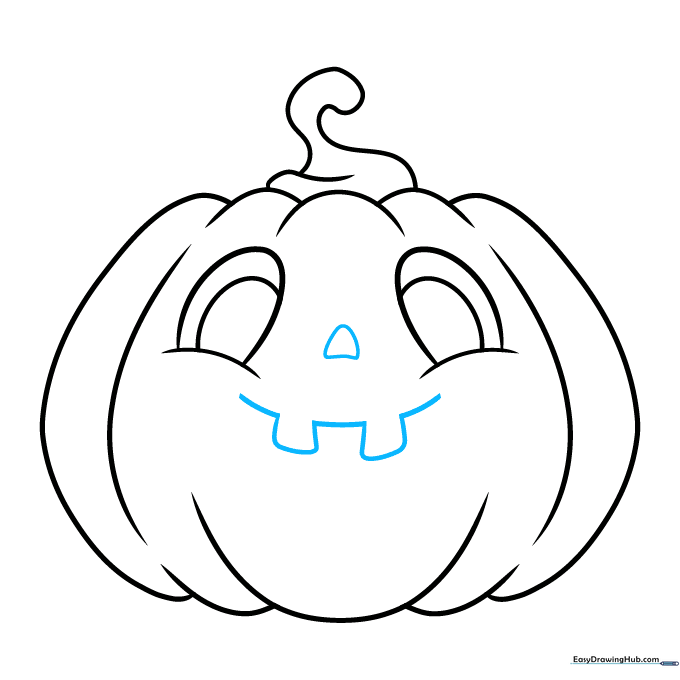 Adding a triangular nose and rectangular teeth to the pumpkin's face.