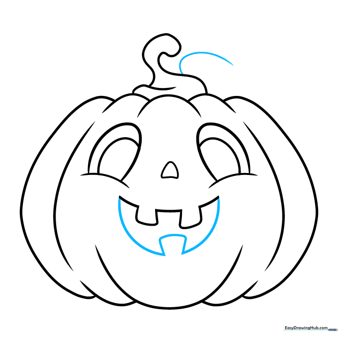 Completing the smiling mouth and adding a leaf vein line near the stem.