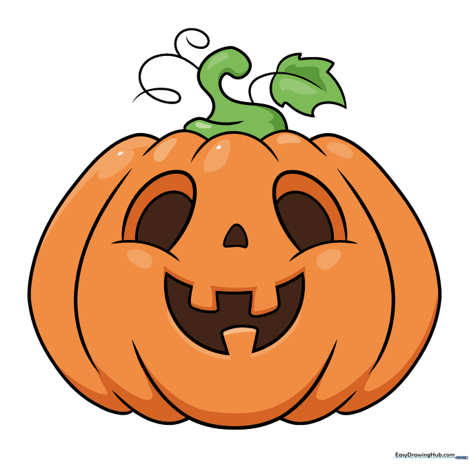 A fully colored, vibrant cartoon pumpkin drawing.
