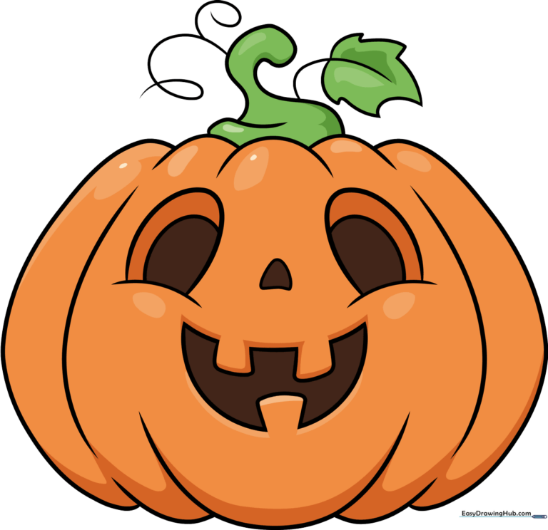 A friendly, finished cartoon pumpkin drawing with a leaf and vine.