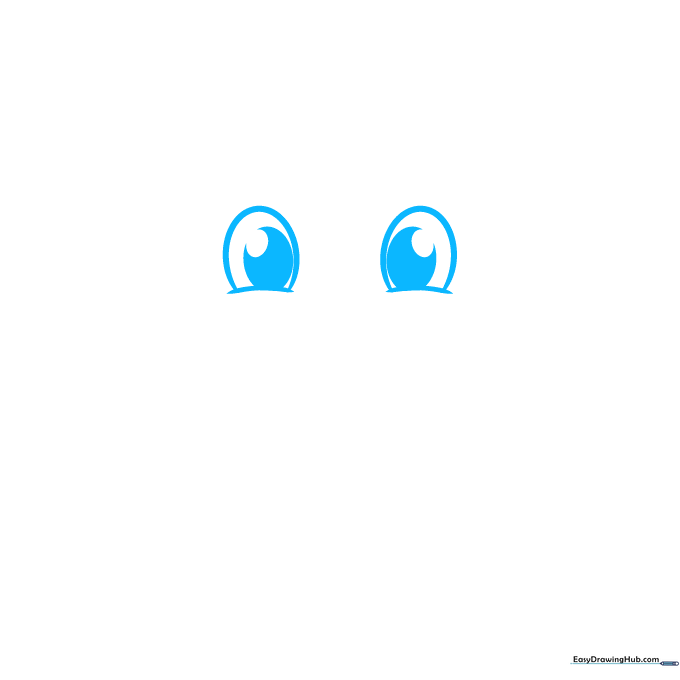 Close-up of two cartoon puppy eyes with pupils, drawn with simple curved lines on white paper.