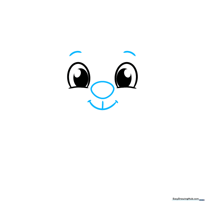 Cartoon puppy face showing the nose, mouth, and eyebrows added to the previously drawn eyes.