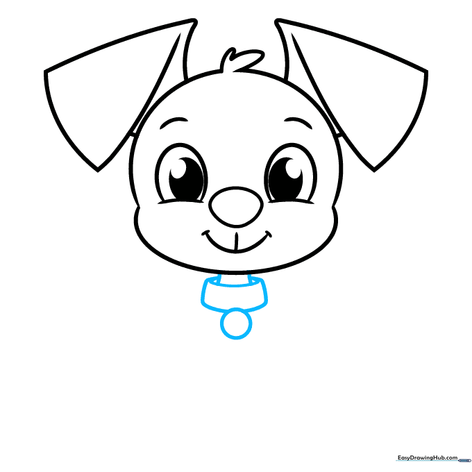 Drawing the puppy's neck and a rectangular collar beneath the head.