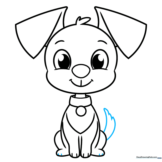 Drawing a happy, furry tail on the back of the puppy.