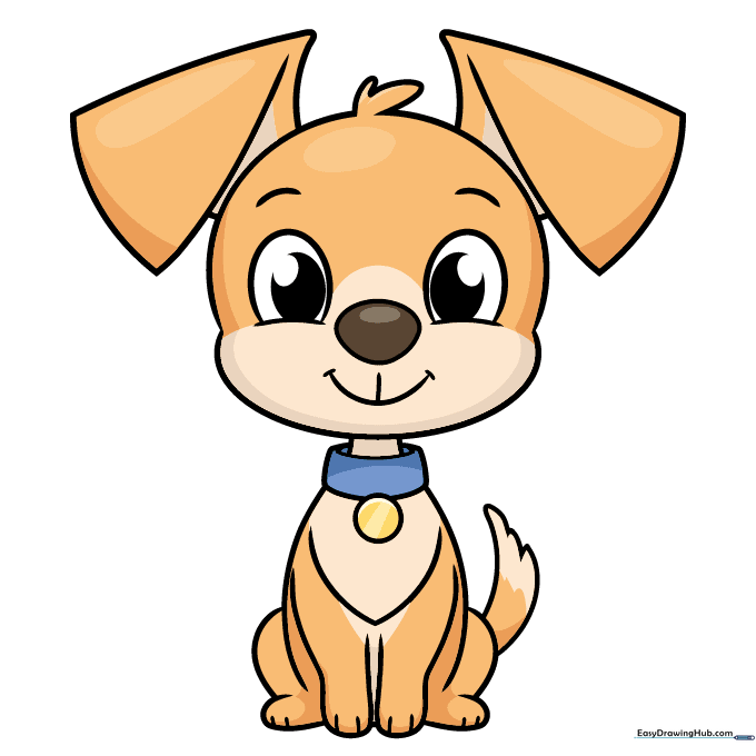 The completed cartoon puppy drawing, ready for coloring.