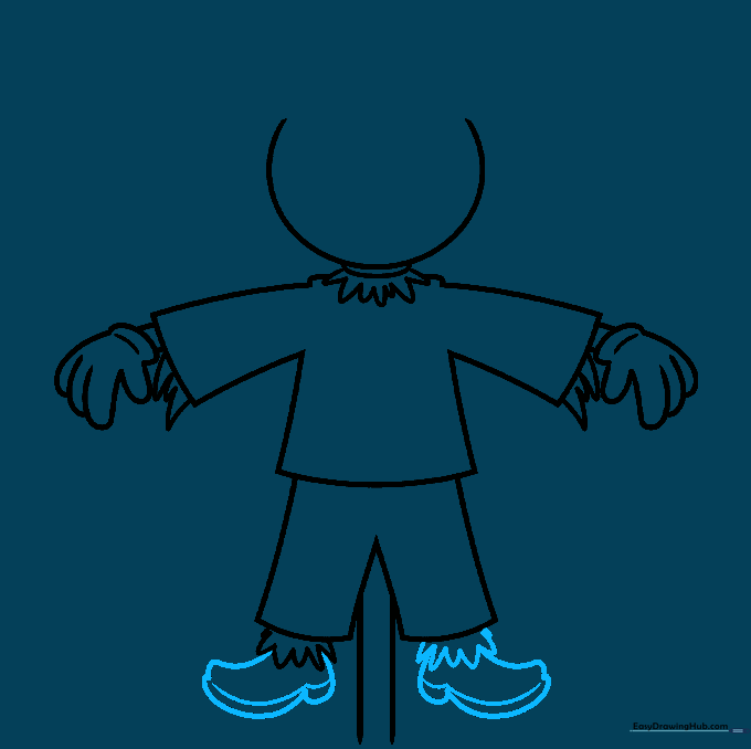 Drawing the scarecrow's shoes and straw at the ankles.