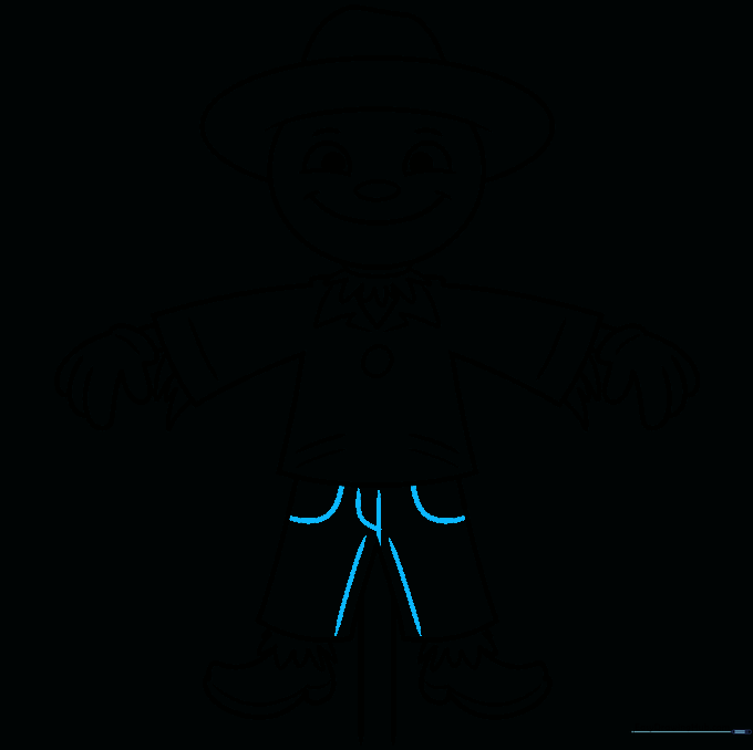 Adding final details like pockets and seams to the scarecrow's pants.