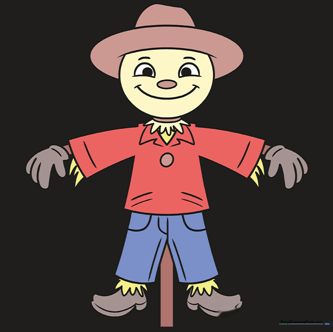 A fully colored, friendly cartoon scarecrow.