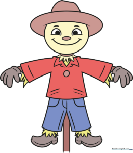 Completed cartoon scarecrow drawing with vibrant colors.