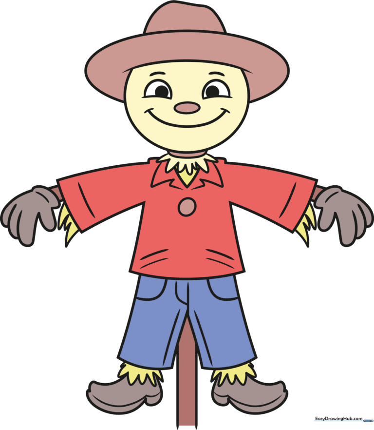 Completed cartoon scarecrow drawing with vibrant colors.